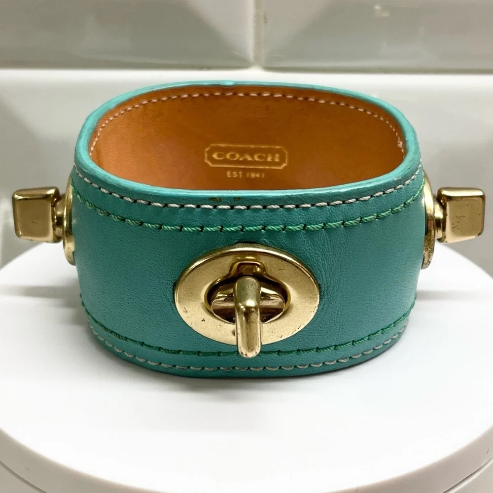 Coach Turquoise Leather Cuff Bangle Bracelet EUC - Picture 1 of 8